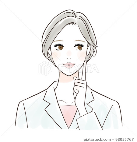 Illustration of a woman in a white coat thinking about something with a smile Illustration of a woman in a white coat thinking about something with a smile 98035767