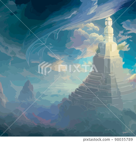 Creative illustration and innovative art: Ancient Chinese Temple in the clouds on a rocky mountain. background for a holiday card Creative illustration and innovative art: Ancient Chinese Temple in the clouds on a rocky mountain. background for a holiday card 98035789