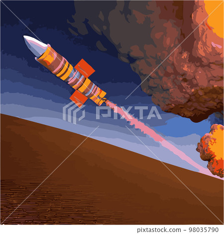 The outer space launch system takes off. Vector illustration , astronomy, space exploration, colonization of Mars. Space adventure. First colonies. Terraforming. Modern flat design. 98035790