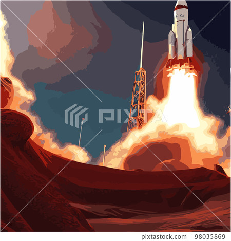 The outer space launch system takes off. Vector illustration , astronomy, space exploration, colonization of Mars. Space adventure. First colonies. Terraforming. Modern flat design. 98035869