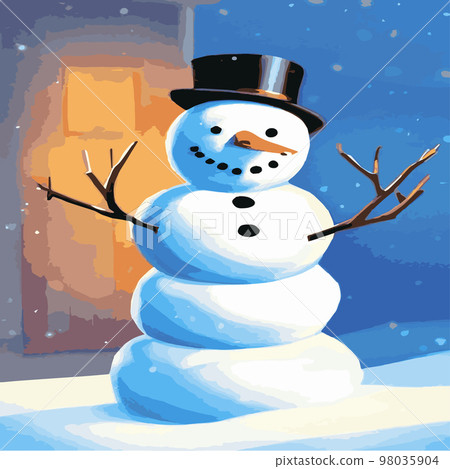 Vector illustration of a winter Christmas snowman with gifts, Christmas snow background. Christmas card with funny snowman in Santa Cap with gift boxes against winter forest Vector illustration of a winter Christmas snowman with gifts, Christmas snow background. Christmas card with funny snowman in Santa Cap with gift boxes against winter forest 98035904