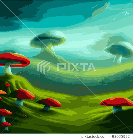 surreal mushroom landscape, vector illustration. Psychedelic art with mushrooms. Abstract poster design. Surreal graphic abstraction. Fantastic wonderland landscape with mushrooms surreal mushroom landscape, vector illustration. Psychedelic art with mushrooms. Abstract poster design. Surreal graphic abstraction. Fantastic wonderland landscape with mushrooms 98035932