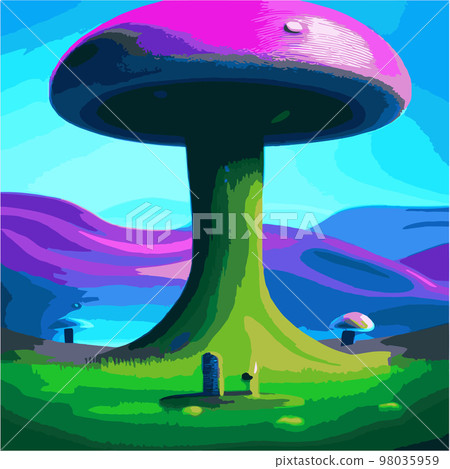 surreal mushroom landscape, vector illustration. Psychedelic art with mushrooms. Abstract poster design. Surreal graphic abstraction. Fantastic wonderland landscape with mushrooms 98035959