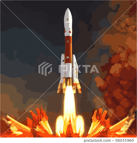 The outer space launch system takes off. Vector illustration , astronomy, space exploration, colonization of Mars. Space adventure. First colonies. Terraforming. Modern flat design. 98035960