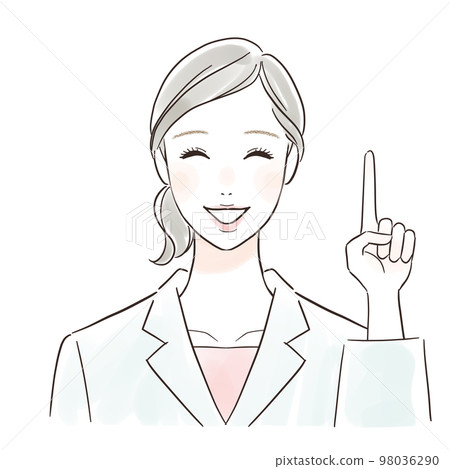 A woman in a white coat pointing with a smile 98036290