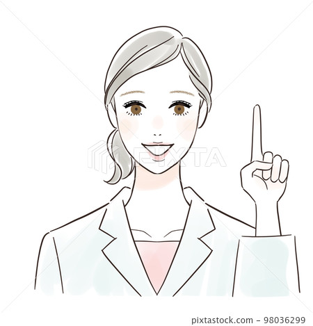 A woman in a white coat pointing with a smile A woman in a white coat pointing with a smile 98036299