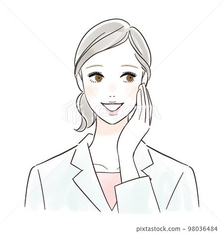 A woman in a white coat who is happy to touch her cheeks A woman in a white coat who is happy to touch her cheeks 98036484