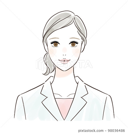 A woman in a white coat facing the front with a smile 98036486