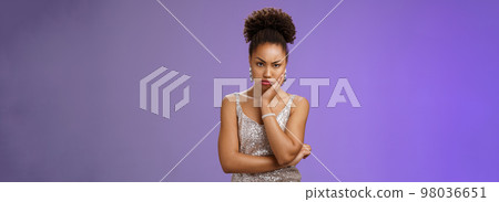 Bothered upset african-american woman waiting restroom nightclub in silver trendy dress tired standing queue what taking so long sulking frowning moody hold hand cheek irritated, blue background Bothered upset african-american woman waiting restroom nightclub in silver trendy dress tired standing queue what taking so long sulking frowning moody hold hand cheek irritated, blue background 98036651