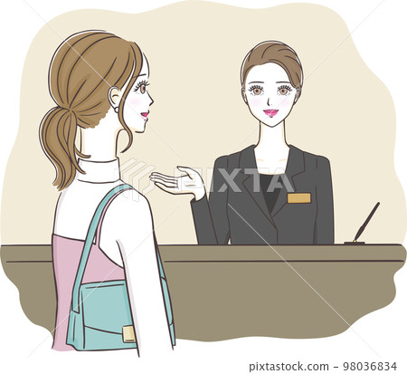 Illustration of a young woman who accepts at the front desk 98036834