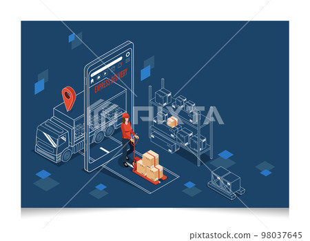 3D isometric Smart logistics concept with Warehouse Logistics and Management, Logistics solutions complete supply chain, transportation truck use wireless technoloty. Eps10 vector illustration 98037645