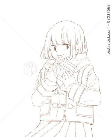 Illustration of a girl giving chocolate to Valentine (line drawing) 98037668