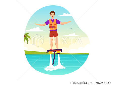 Flyboard Illustration with People Riding Jet Pack in Summer Beach Vacations in Flat Extreme Water Sport Activity Cartoon Hand Drawn Templates 98038238