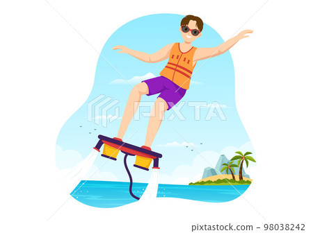 Flyboard Illustration with People Riding Jet Pack in Summer Beach Vacations in Flat Extreme Water Sport Activity Cartoon Hand Drawn Templates 98038242