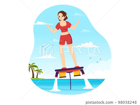 Flyboard Illustration with People Riding Jet Pack in Summer Beach Vacations in Flat Extreme Water Sport Activity Cartoon Hand Drawn Templates 98038248