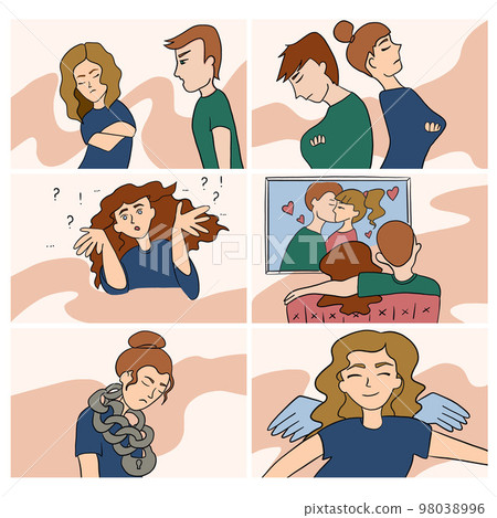 Set of vector illustrations of different psychological situations between people 98038996