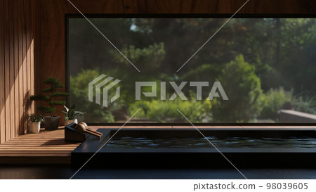 Beautiful and luxury Onsen room in Japanese style with bath against the window with nature view. 98039605