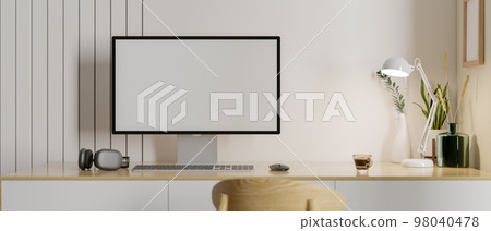 Comfortable and minimal working table with computer mockup and decor on wood table Comfortable and minimal working table with computer mockup and decor on wood table 98040478