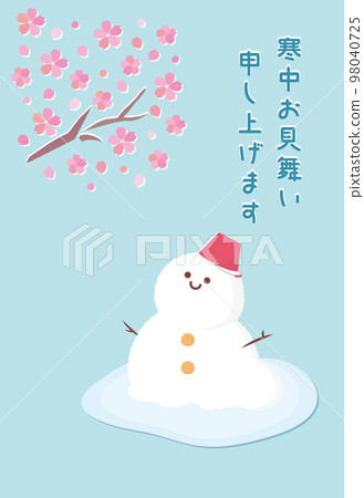 盛開的櫻花和融化的雪人的冬季問候明信片模板(無註釋) 盛開的櫻花和融化的雪人的冬季問候明信片模板(無註釋) 98040725