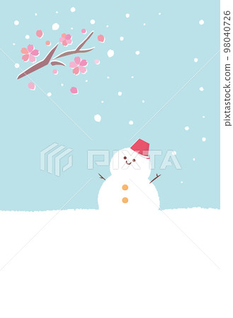 Early blooming cherry blossoms and snowman greeting postcard design (no letters) 98040726