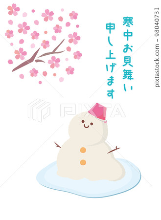 Cherry blossoms in full bloom and a melting snowman greeting postcard template during the winter (no annotations) White background 98040731