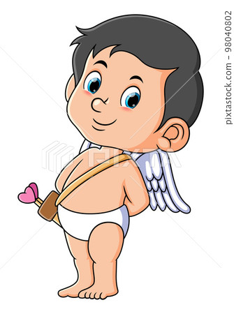 The cute cupid is standing up straight and hiding something of illustration 98040802