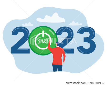 Start up company Goals for the year 2023 ,businessman pushing start button to start up new business in 2023 vector illustrator 98040932