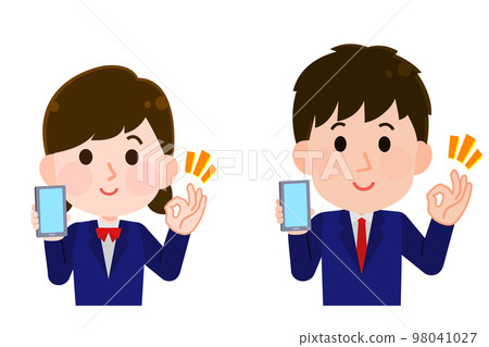 Illustration of a student boy and girl holding a mobile phone and making an OK sign Illustration of a student boy and girl holding a mobile phone and making an OK sign 98041027