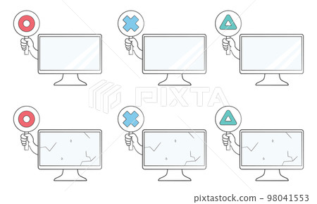 A set of desktop computers with a tag on which the mark is drawn 98041553