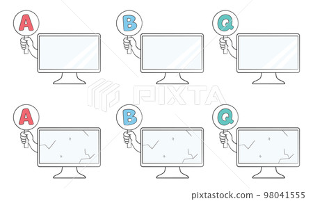 A set of desktop computers with a tag on which the alphabet is drawn 98041555