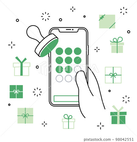 Smartphone app in hand Stamp card gift icon set 98042551
