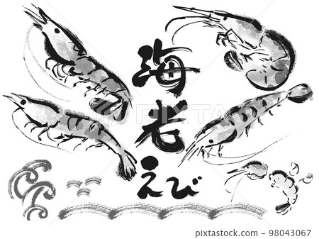 Shrimp Japanese style brush drawing illustration set black and white, monochrome, single color, 98043067