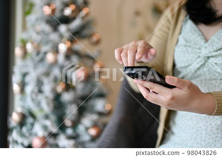 A woman using her smartphone in her beautiful living room on Christmas holiday. 98043826