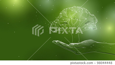 Low poly wireframe human hand holding a tree. Ecology and Earth day concept. Vector illustration Low poly wireframe human hand holding a tree. Ecology and Earth day concept. Vector illustration 98044448