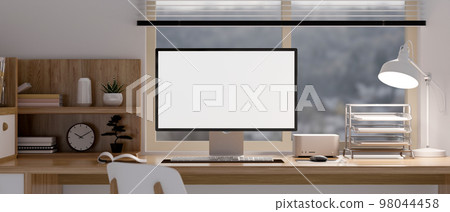 Minimal home workstation with PC computer mockup, table lamp, document tray and decor 98044458