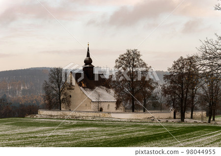 Winter landscape with a beautiful chapel near castle Veveri. Czech Republic city of Brno. The Chapel of the Mother of God. 98044955