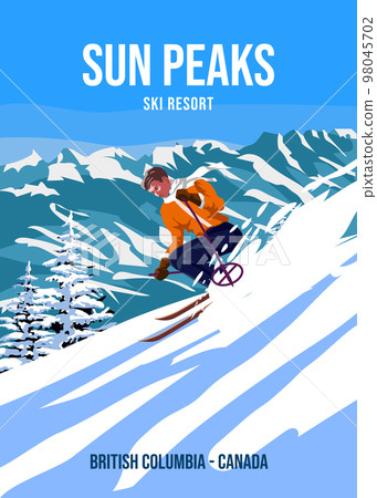 Travel poster Ski Sun Peaks resort vintage. Canada winter landscape travel card Travel poster Ski Sun Peaks resort vintage. Canada winter landscape travel card 98045702