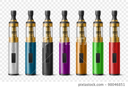 Realistic electronic cigarettes. Different colors vaporizers, bright disposable smoking accessories, blank portable e-cigarette, colorful vape nicotine stick, 3d objects, utter vector set 98046851
