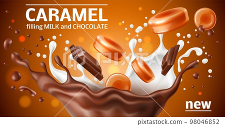 Realistic caramel poster. 3d round candies and cubes, sweet chocolate and milk splashes, sweet toffee desserts advertisement, melted sugar pieces, marketing banner, utter vector concept 98046852