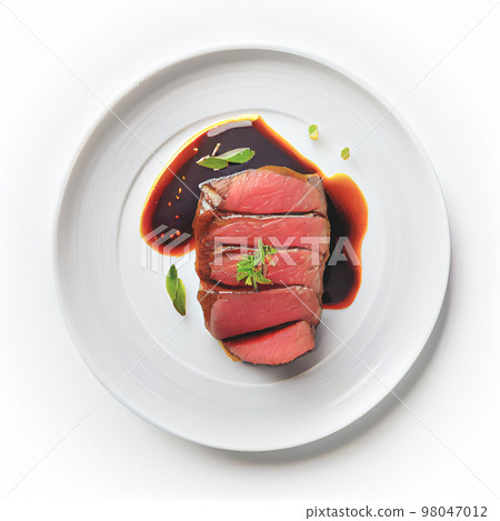 Close up shot of top view Steak isolated on white background. Collection of recipes popular in USA. 98047012