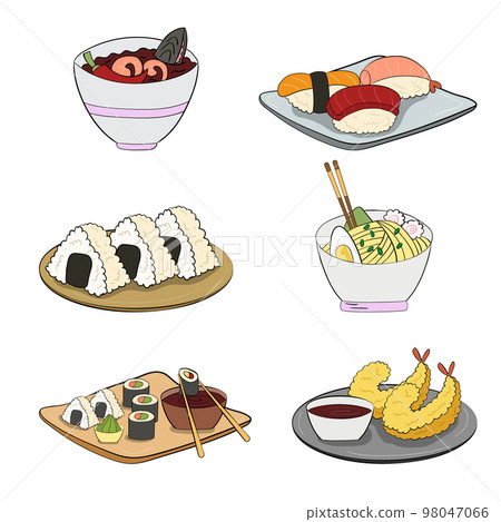 A set of sushi and onigiri on a plate, ramen noodles and tempura shrimp. vector illustration on a white background 98047066