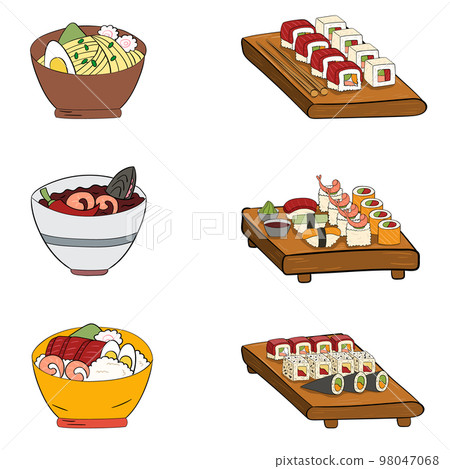 Sushi set on a board,tom yam, ramen, poke bowl. vector illustration on white background 98047068