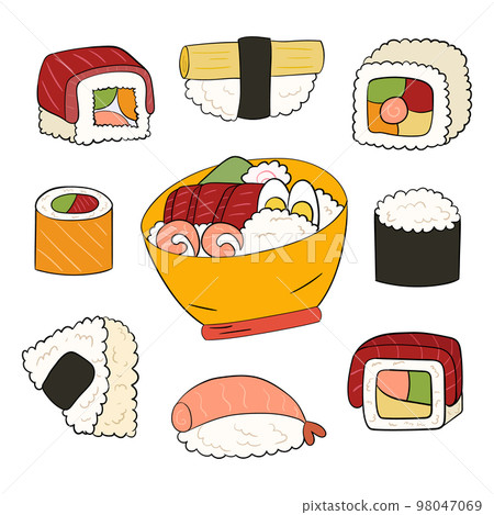 Sushi set, onigiri, poke bowl. vector illustration on a white background 98047069