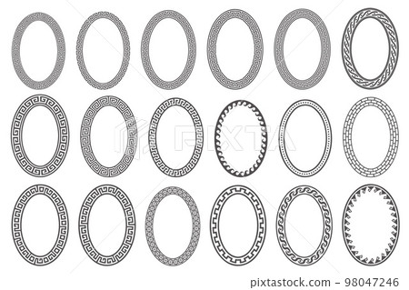 Greek key oval frame set. Circle borders with meander ornaments. Ellipse ancient designs. Vector 98047246