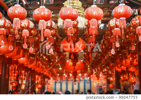 Chinese red Lanterns in temple, happy Lunar New Year holiday. Chinese sentence means happiness, healthy, Lucky and Wealthy 98047755