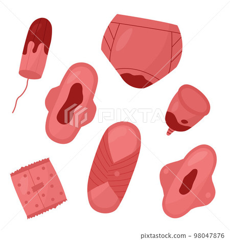 Menstrual period items set zero waste concept. Pads, panties, tampon, reusable pads set pink color. 98047876