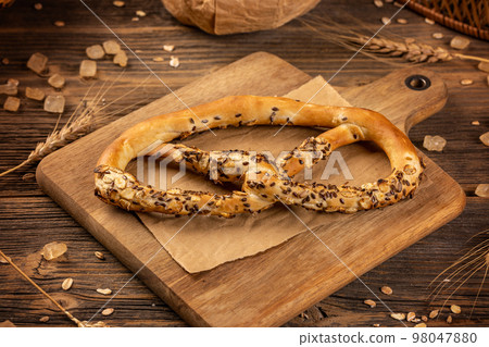 Freshly baked pretzel Freshly baked pretzel 98047880