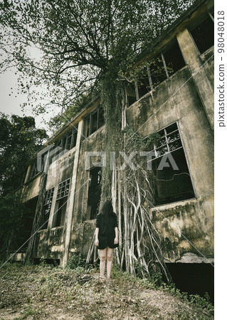 Ghost in haunted house, Mysterious murdered woman ghost, Horror scene of scary abandoned factory 98048018