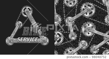 Set of pattern, logo with silver steel gears, bike chains. Steampunk style. For repair bike service companies Set of pattern, logo with silver steel gears, bike chains. Steampunk style. For repair bike service companies 98048732