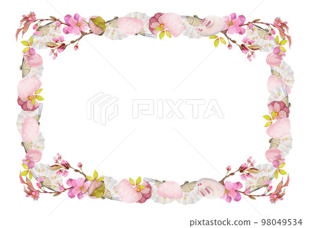 Watercolor hand drawn traditional Japanese sweets. Square frame of spring wagashi with sakura. Isolated on white background. Design for invitations, restaurant menu, greeting cards, print, textile 98049534